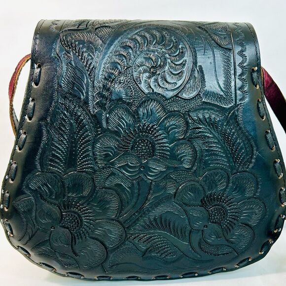 Black Leather Hand-Tooled Embossed Mexican Floral Artisanal Crossbody - Picture 3 of 10